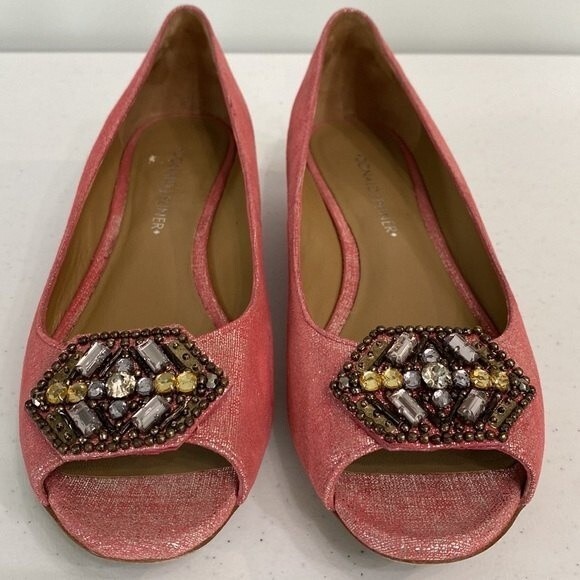 Donald J Pliner Pink Sonnet Demi-Wedge Flats Jeweled Peep Toe Shimmer Barbiecore - Picture 16 of 16